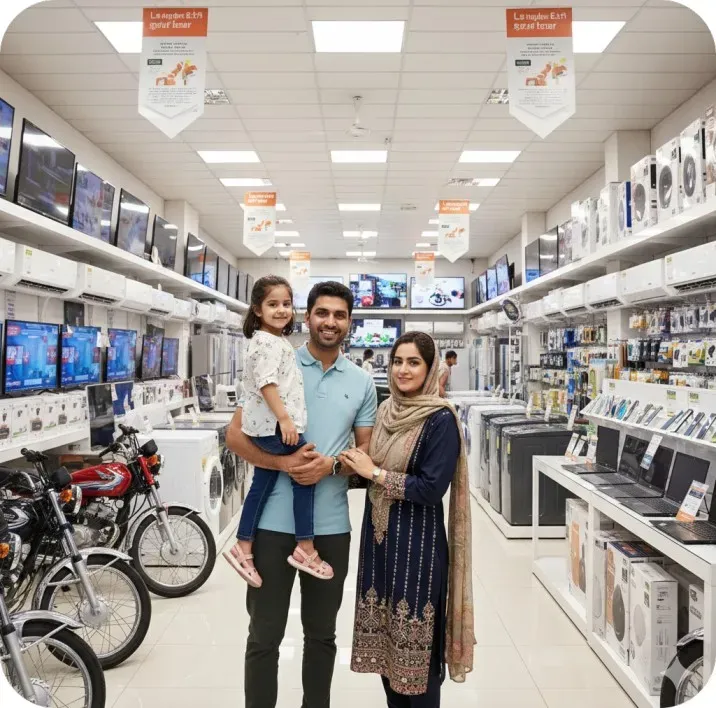 A family shopping for electronics, bikes and appliances at an Atomshop partner store