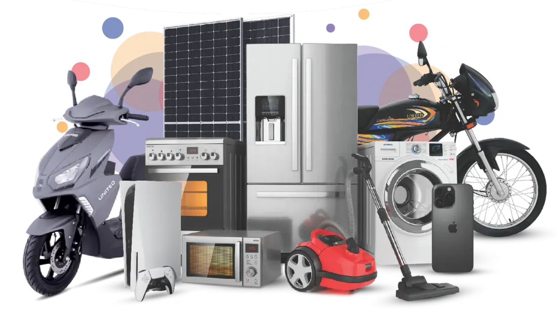 Products you can buy on installments at Atomshop: a scooter, a motorbike, a fridge, an iPhone and a PlayStation 5