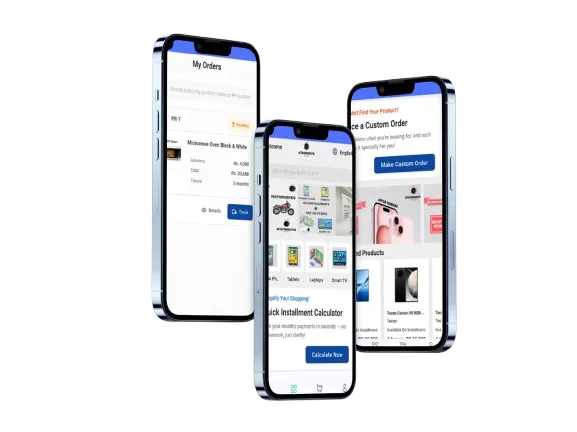 The Atomshop app open on two phones, showing products with monthly installment prices